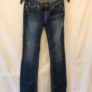 Big Star woman distressed jean waist 24 inseam L (32) no wear on boot cut hem